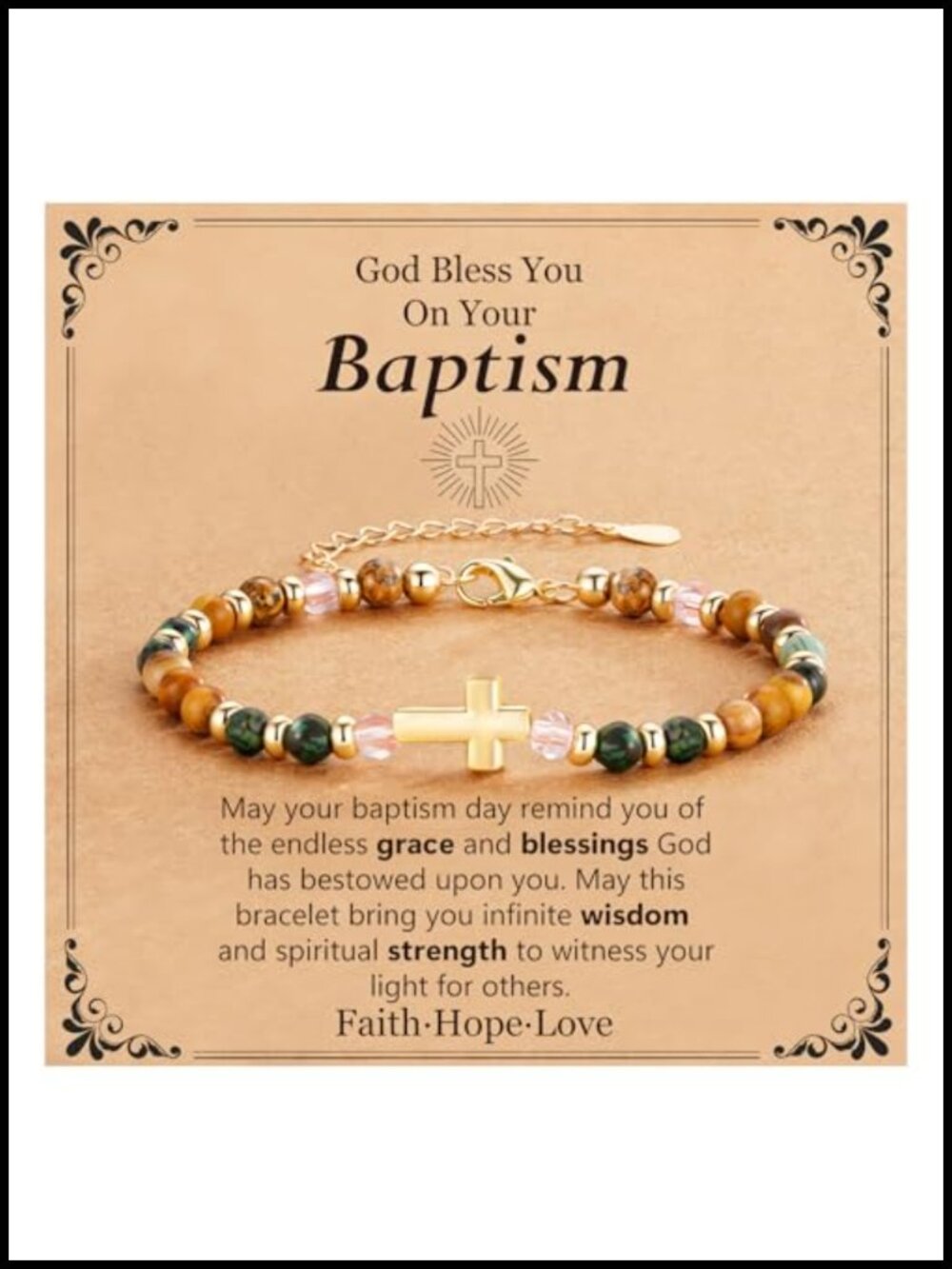 14K Gold Plated Cross Bracelet Women Christian Baptism Gift Natural Stone